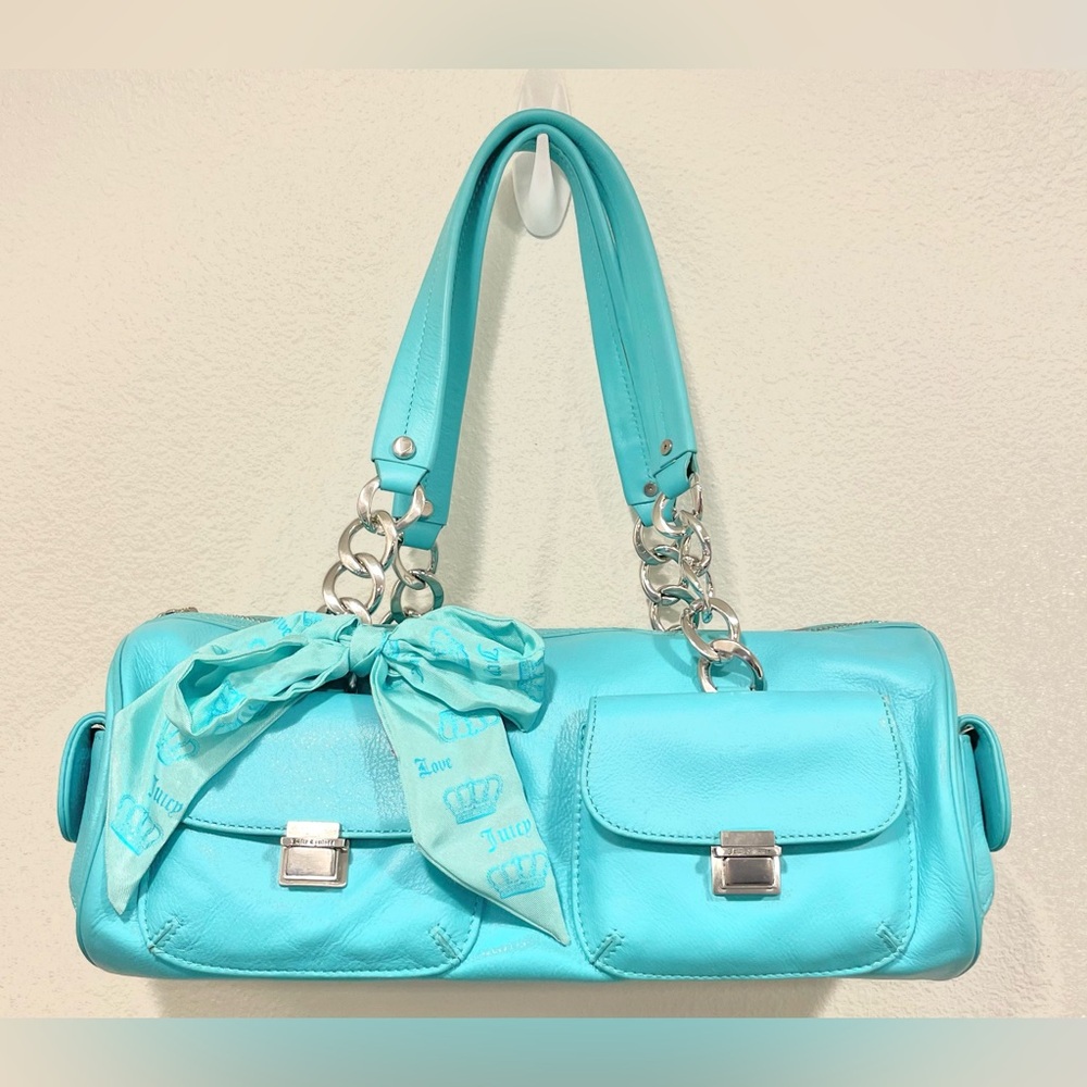RARE NWT JUICY COUTURE VINTAGE Blue Leather Silver Accent Silk Bow Barrel Bag - Picture 2 of 15